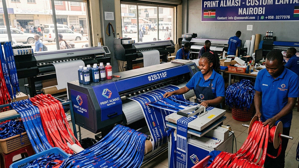 Bulk custom branded lanyard printing at the Almasi Prints production hub in Nairobi CBD, Kenya